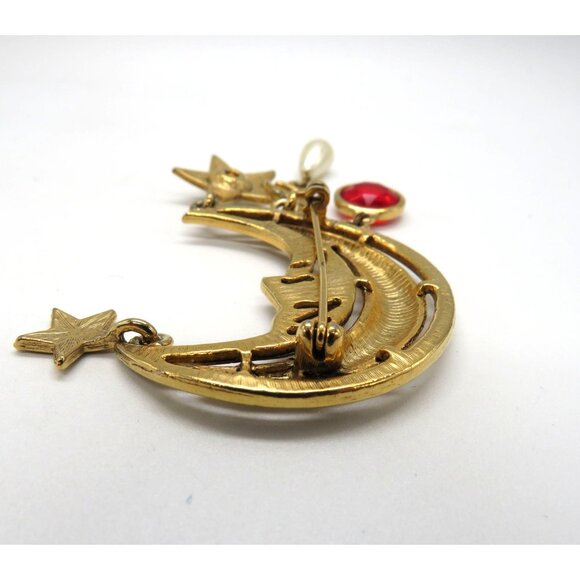 Juliana Man in the Moon Brooch Item 3737 Gold Tone Red Crystal Dangle Charms - Picture 9 of 11